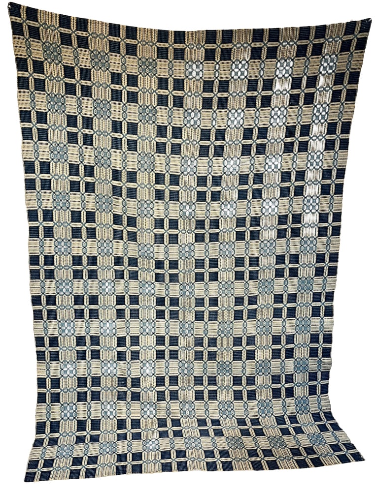 Vintage Hand-Woven Blue and White Overshot Coverlet: Vintage hand-woven blue and white overshot coverlet (weaving technique is "overshot", where horizontal weft yarns are woven over multiple yarns of the opposite color). 88" x 62". Provenance: Marblehea