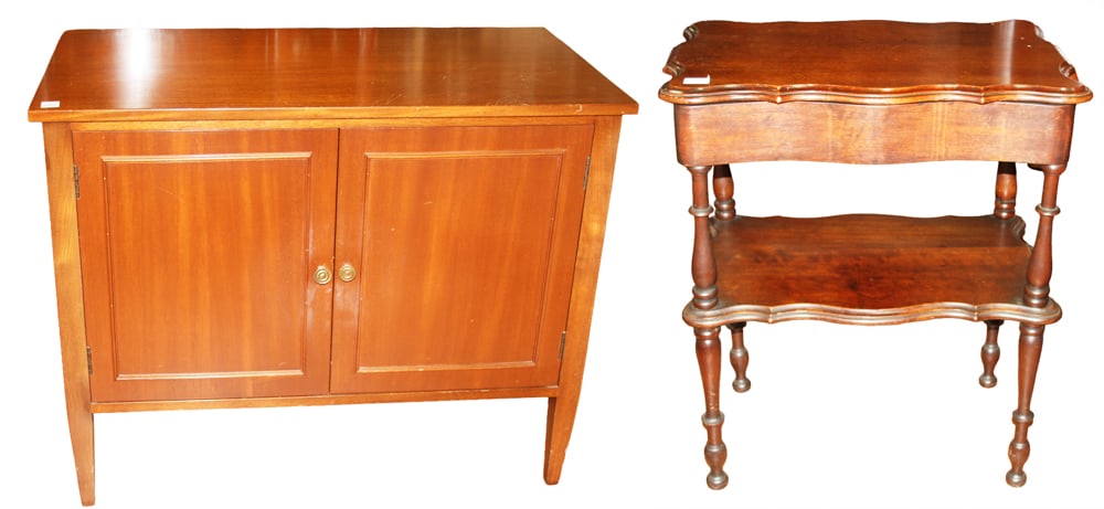 Mid-century Media Cabinet, Victorian Sewing Table: Cabinet and sewing table, to include: mid-century media cabinet with double doors, 27 1/2" H x 35 1/2" W x 19" D; Victorian lift-top sewing table, walnut with inserts, 29" H x 25" W x 10" D. Provenanc
