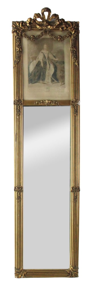 19thC French Stipple of Queen Victoria on Gilt Mirror: 19th century French colored stipple of Queen Victoria in her coronation robes, on ornate gilt mirror with ribbon crest, 52" x 13". Provenance: Burlington, Massachusetts collection.