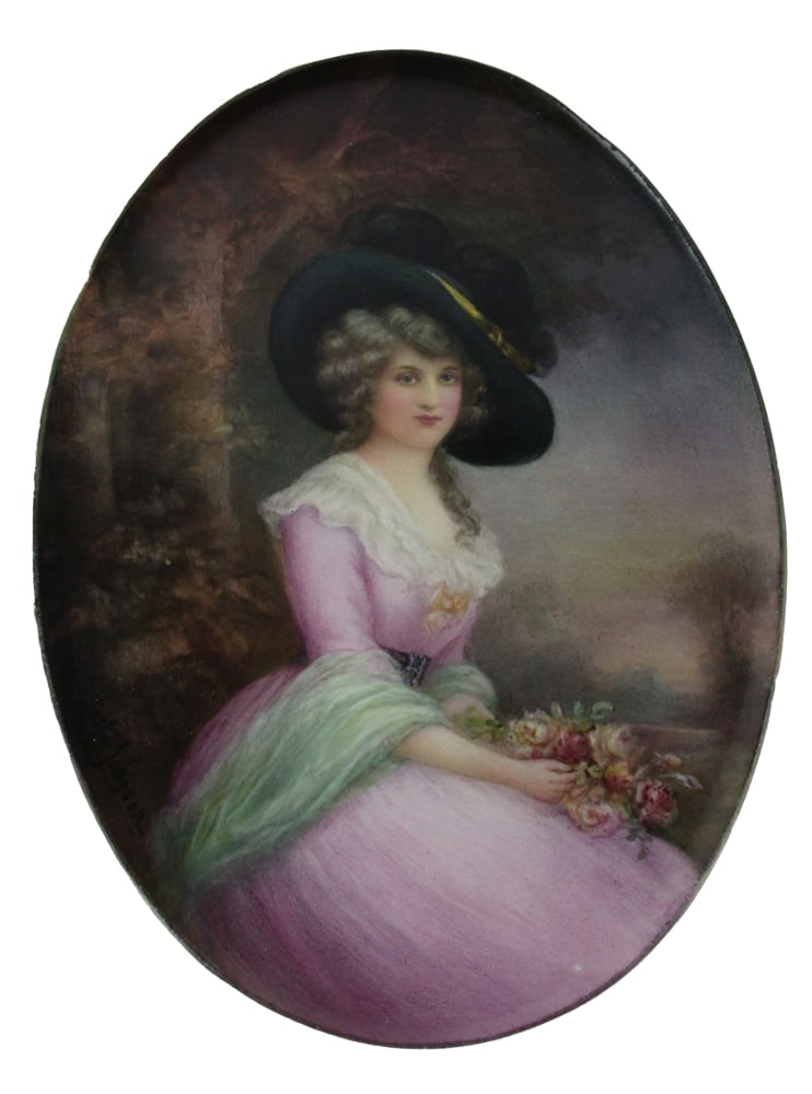 Oval Porcelain Painting of Victorian Woman: Oval porcelain painting of Victorian woman, signed Leslie Johnson, 10" x 7". Provenance: Acton, Massachusetts collection.