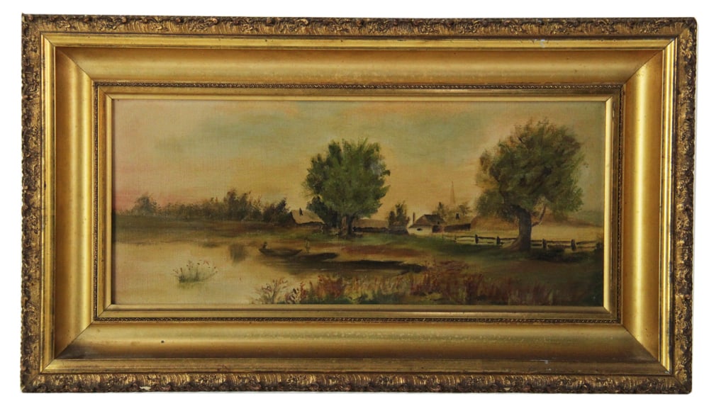 Late 19thC, Country Scene, Oil on Canvas: Late 19th century, country scene, oil on canvas, unsigned, 7" x 16", framed 12" x 21". Provenance: Acton, Massachusetts collection.