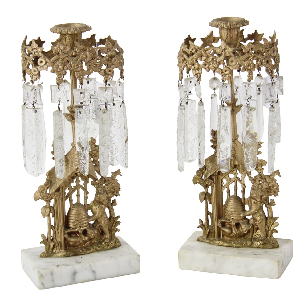 Pair of Antique Gilt Metal Figural Girandoles: Pair of antique gilt metal figural beehive and bear girandoles, 13" x 5". Provenance: Reading, Massachusetts collection.