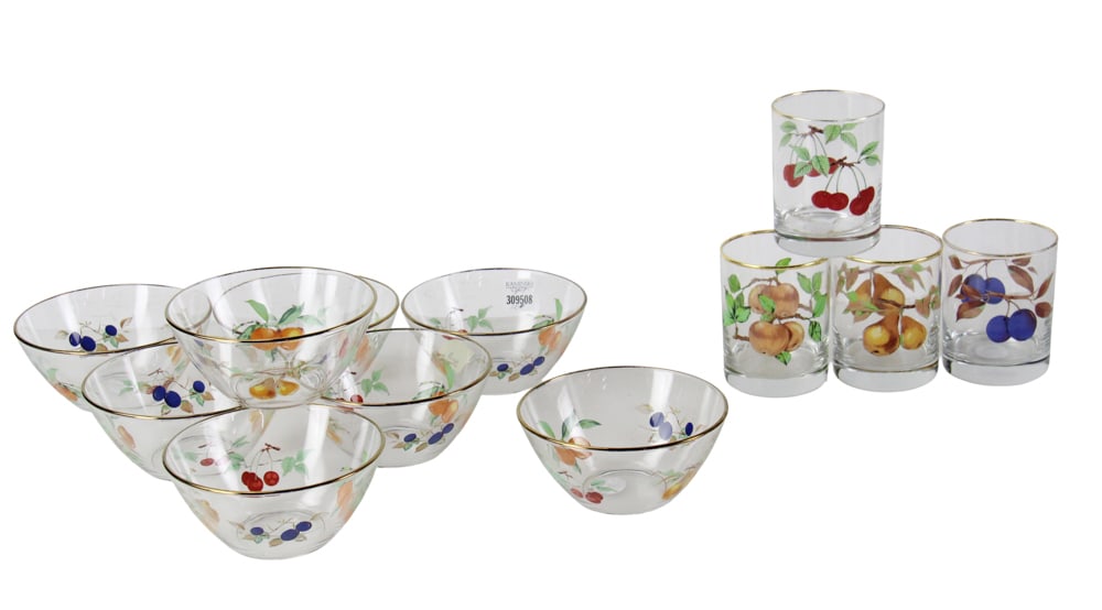 Group of French Made Glasses and Bowls, Fruit Motif: Group of French made glasses and bowls, to include: (4) hand-painted juice glasses, 4" x 3", with apples, pears, plums, cherries; (8) hand-painted cereal bowls with fruit design, 2 1/2" H x 5 1/2"