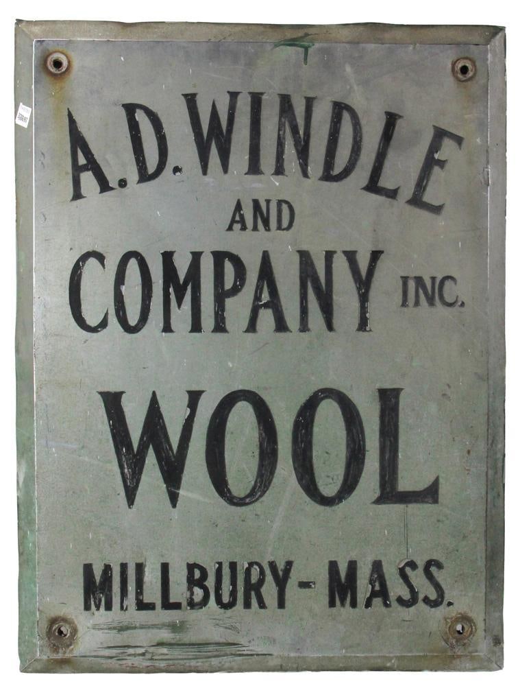 Old Sign, "A.D. Windle and Company Inc. Wool": Old sign, "A.D. Windle and Company Inc. Wool, Millbury Mass.", approximately 36" x 19". Provenance: Private collection.
