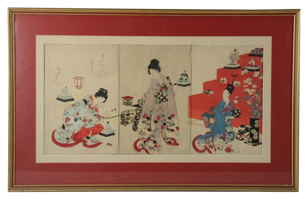 Japanese Meiji Period Large Woodblock Print, Chiyoda Castle: Japanese Meiji period large woodblock print, Chiyoda Castle, 14" x 28" (image), framed 23" x 36". Provenance: Marblehead, Massachusetts collection.