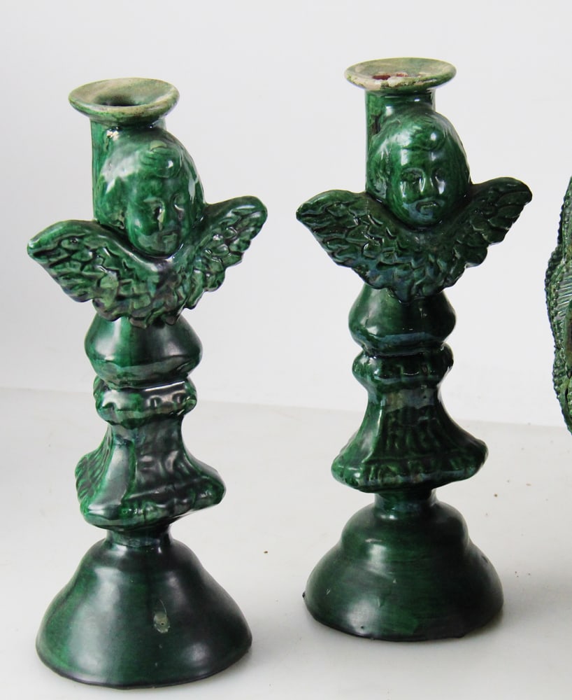 Ceramic Pineapple Vessel, Mexico, Cherub Candlesticks - 2