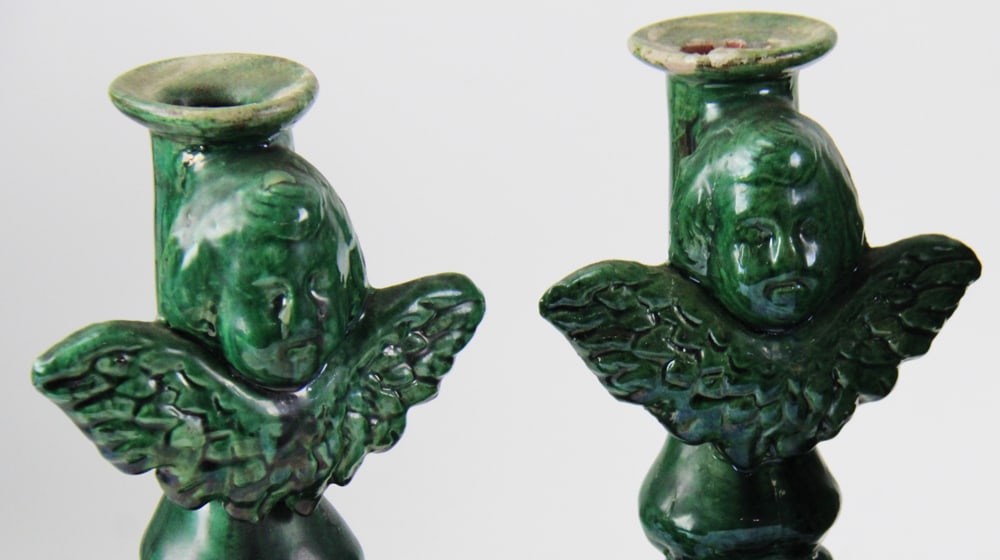 Ceramic Pineapple Vessel, Mexico, Cherub Candlesticks - 3