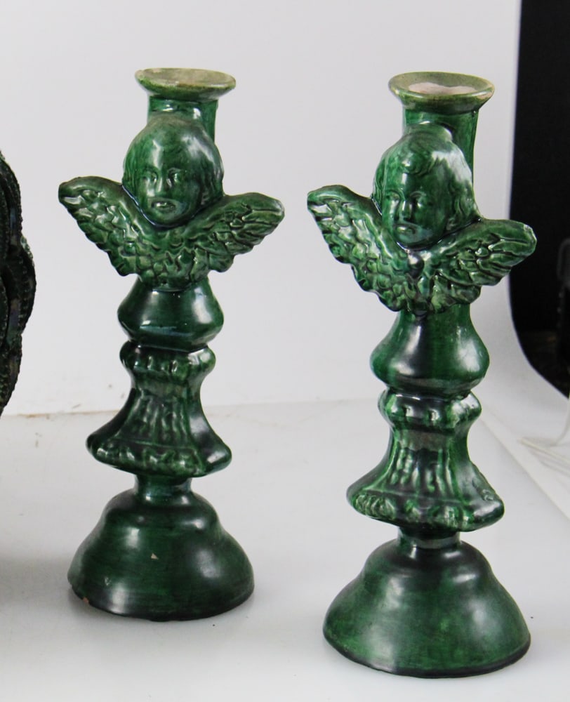 Ceramic Pineapple Vessel, Mexico, Cherub Candlesticks - 7