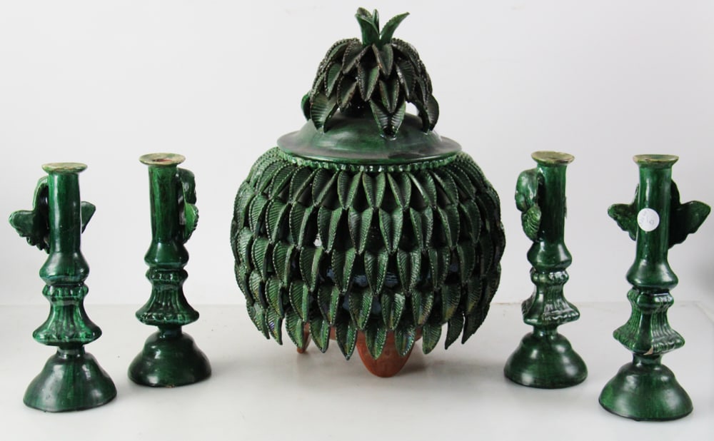Ceramic Pineapple Vessel, Mexico, Cherub Candlesticks - 8