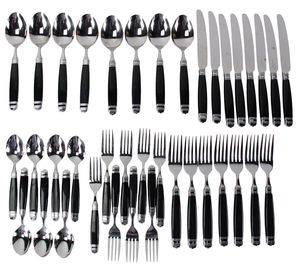 Laslo Stainless Flatware: Laslo stainless flatware. Provenance: Stockton, Maine estate.