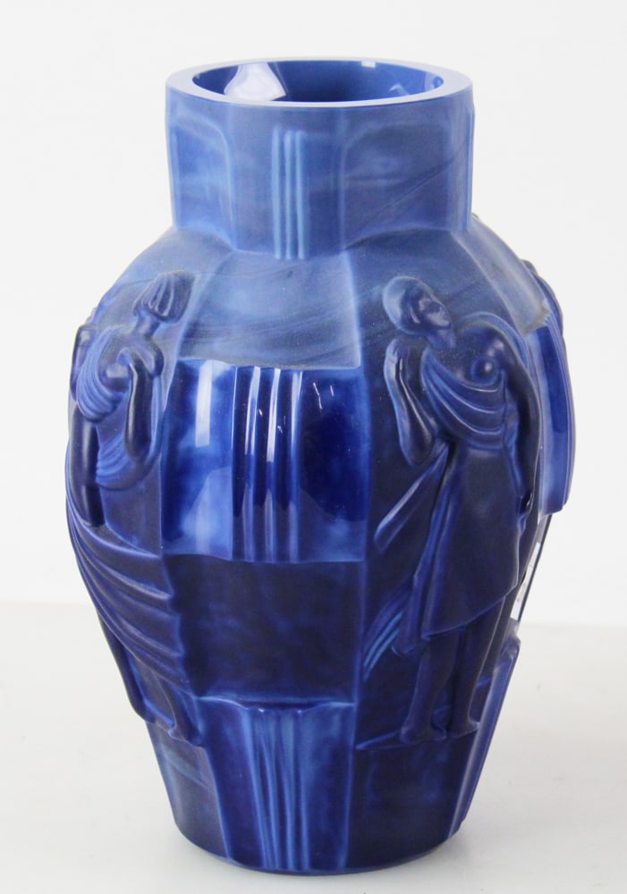 Deco-type Blue Art Glass with Nude Woman: Deco-type blue art glass with nude woman, 10" x 6". Provenance: Palm Beach, Florida estate.