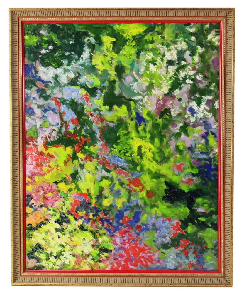 Norman Manaly, Floral Abstract, Oil on Canvas: Norman Manaly, floral abstract, oil on canvas, initialed L/R and dated 9/96, identified verso, 29" x 22", framed 30" x 25". Provenance: From a private Boston art collection.