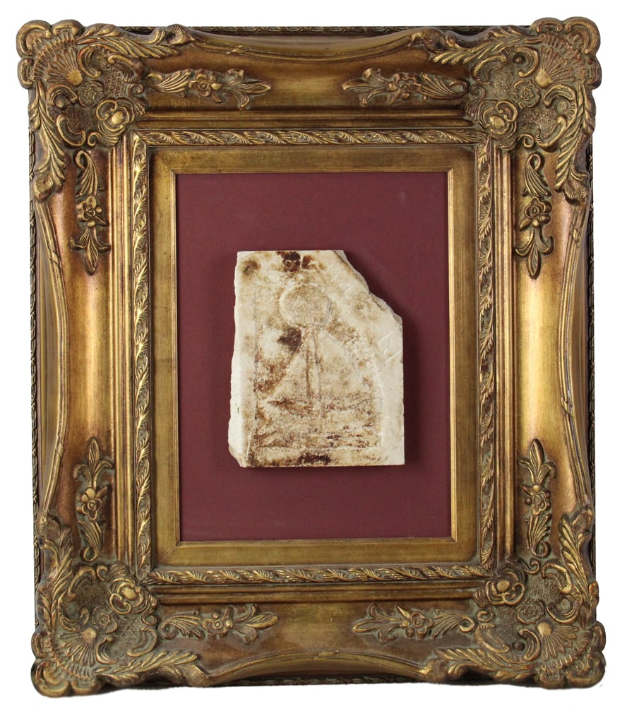 Framed Reproduction Thai Buddhist Votive Tablet: Framed reproduction Thai Buddhist votive tablet depicting the Buddha in a seated meditation pose inside a boat, 9" x 7", in gilt frame 27 1/2" x 24". Provenance: Walpole, Massachusetts collection.