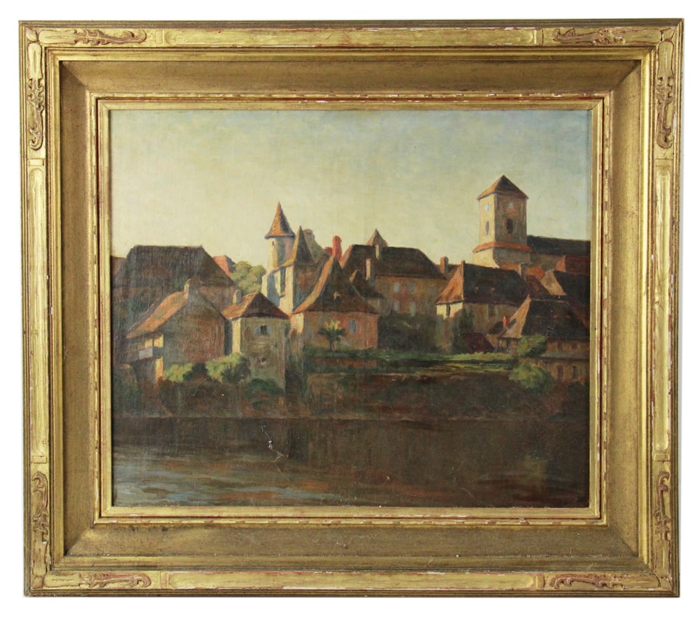 Impressionist-style Scenic European Village, Oil on Canvas: Impressionist-style scenic European village, from France, 1900s, oil on canvas, 18" x 21", framed 25"x 29". Provenance: Marblehead, Massachusetts collection.