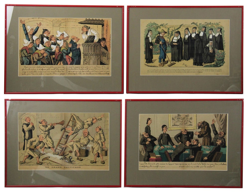 Edmond Lavrate, Group of Colored Lithographs: Edmond Lavrate (French, 1829-1888), group of (4) satirical caricature-style colored lithographs, 11" x 18" (image), framed 18" x 24". Provenance: Marblehead, Massachusetts collection.
