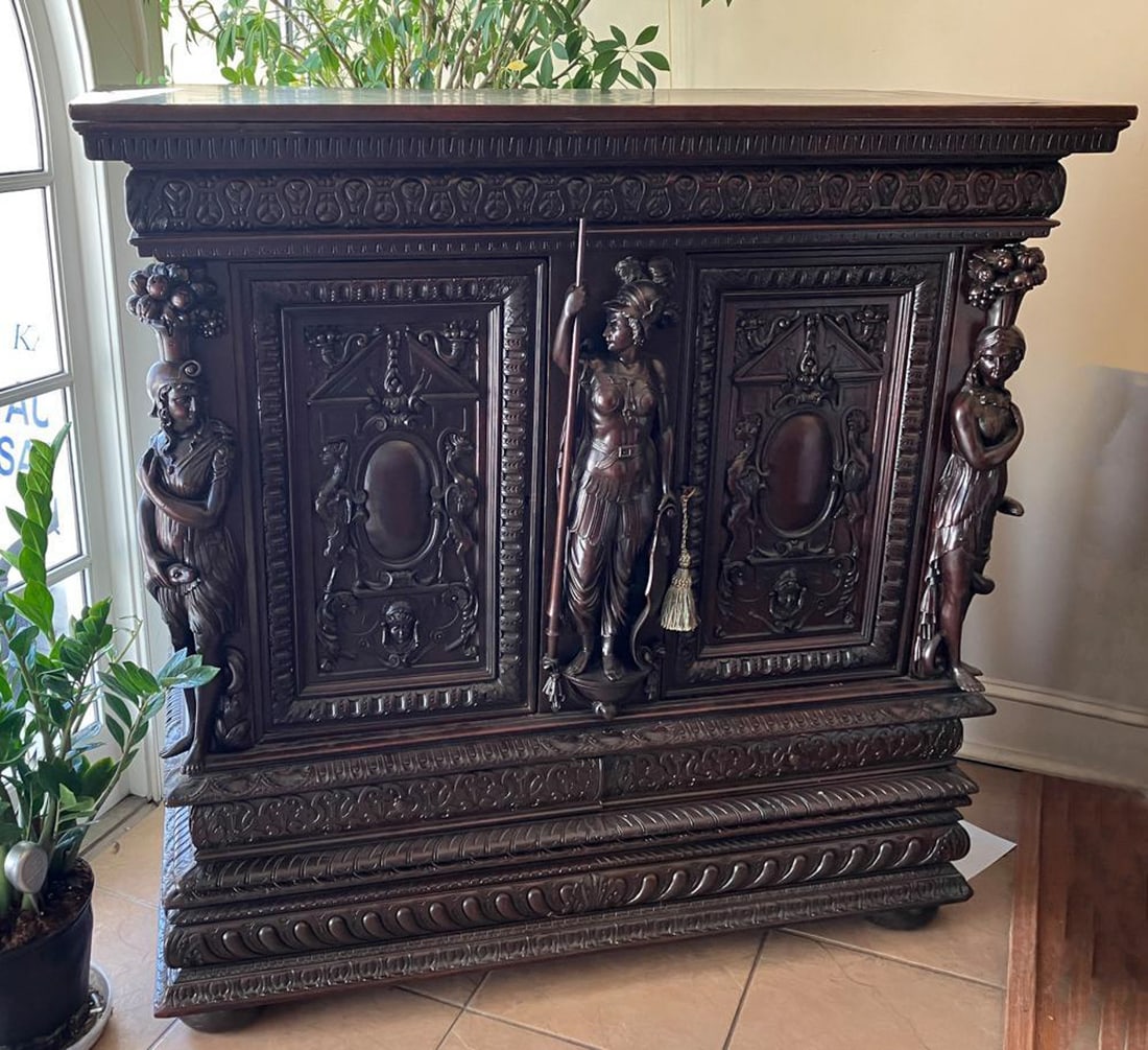 Italian Renaissance Style Carved Walnut Tall Cabinet (1 of 8)