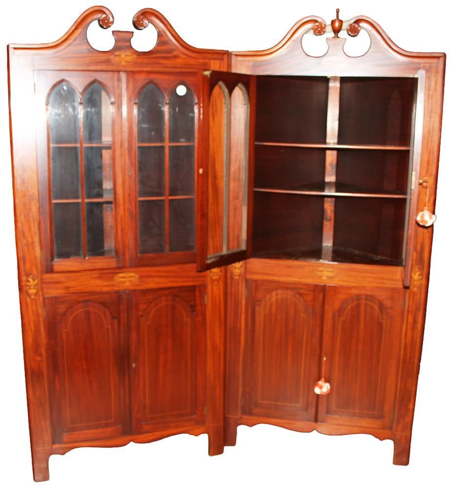 Pair of Mahogany Corner China Cabinets: Pair of mahogany corner china cabinets with extensive inlay, split bonnet top, 80" H x 36" W x 28" D. Provenance: Acton, Massachusetts collection.