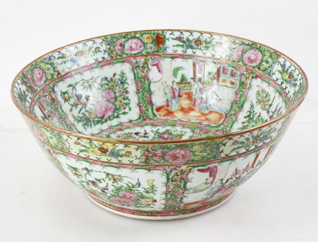 19th/20thC Rose Medallion Bowl: Late 19th/early 20th century Rose Medallion bowl with decorative panels, 14 1/2" diameter. Provenance: Medford, Massachusetts collection.