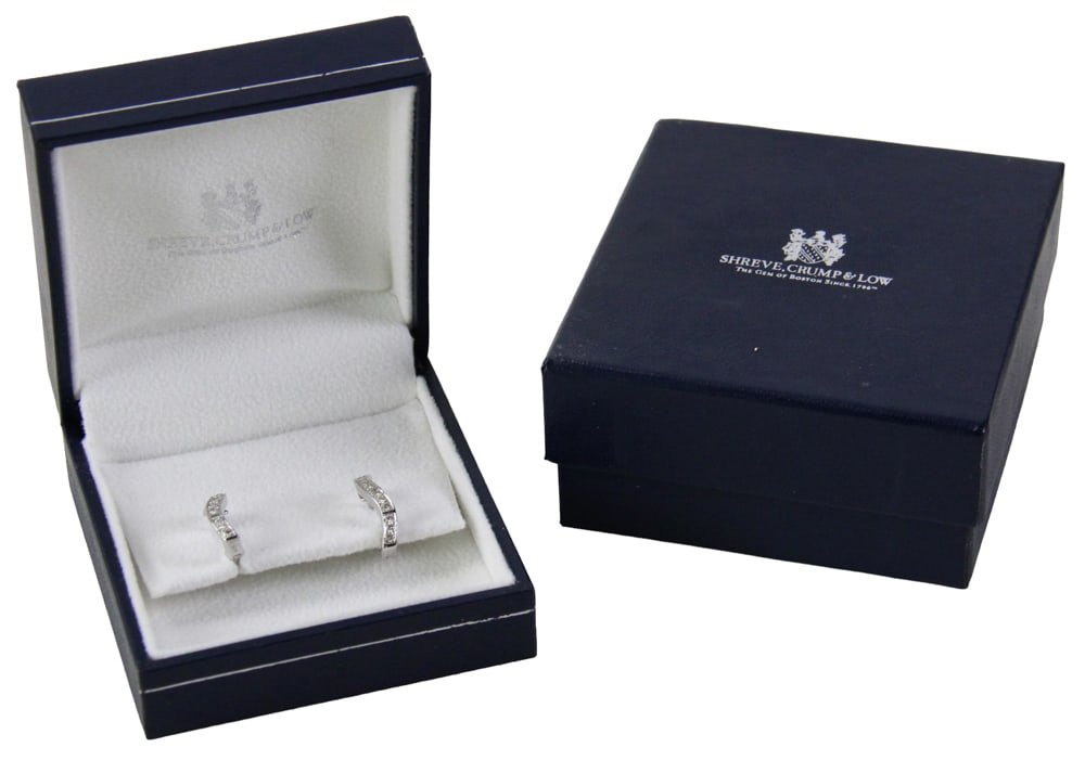 Ladies' 14k White Gold and Diamond Earrings: Ladies' 14k white gold and diamond earrings. Approximately 4.93 grams TW. Purchased at Shreve, Crump and Low. Provenance: Mashpee, Massachusetts collection. PLEASE NOTE: payment for silver, gold,