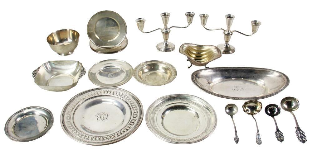 Collection of Sterling, Plates, Flatware, Bowls, etc.: Collection of assorted sterling items, to include: pair of weighted candlesticks; plates; flatware; bowls, etc. Approximately 71.3 troy oz TW (not including weighted candlesticks). Provenance: La Cres