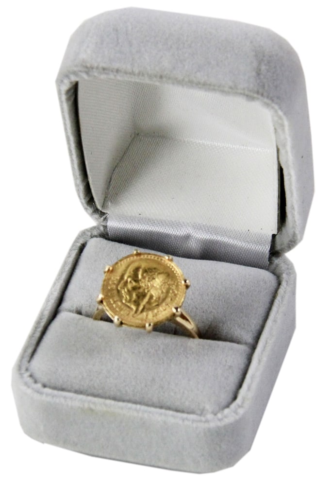 1945 Gold Pesos Ring, 14k: 1945 gold pesos ring, 14k, size 7 1/2. Approximately 7.0 grams TW. Provenance: Mashpee, Massachusetts collection. PLEASE NOTE: payment for silver, gold, jewelry, and coins must be made via wire transf