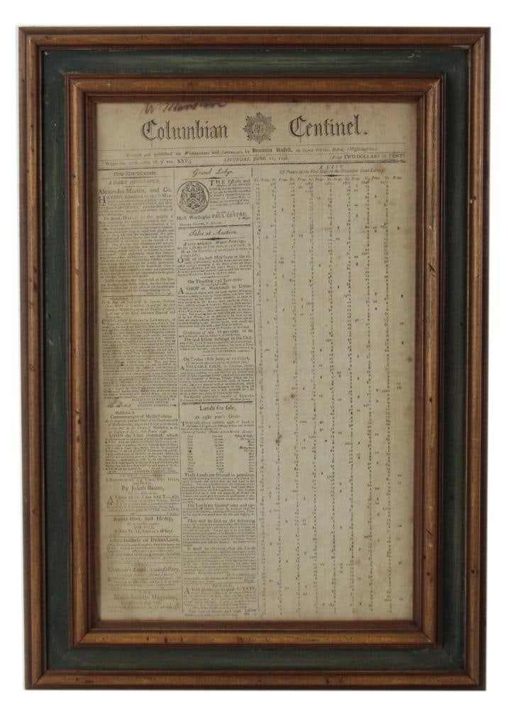 The Columbian Centinal Newspaper, Boston, 1796 (1 of 6)