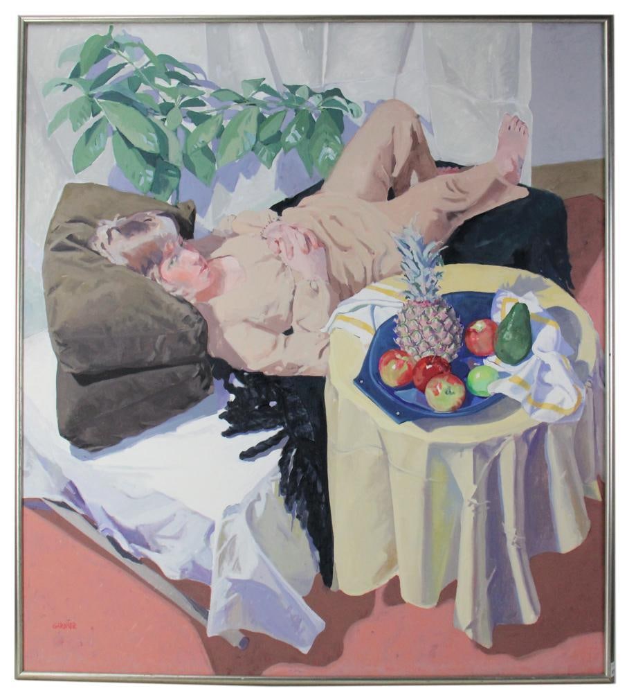 Gardner, Woman Reclining, Oil on Canvas: Gardner, woman reclining, with draped table and plate of fruit, oil on canvas, framed 45" x 41". Provenance: Rocky Neck, Gloucester, Massachusetts collection.
