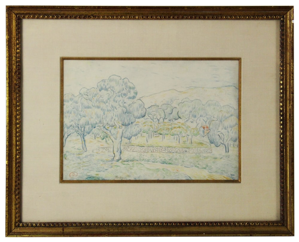 Olive Grove, Color Drawing: Olive grove, color drawing, monogrammed "EC", 7" x 10", custom matted and framed 13" x 16". Provenance: Rocky Neck, Gloucester, Massachusetts collection.