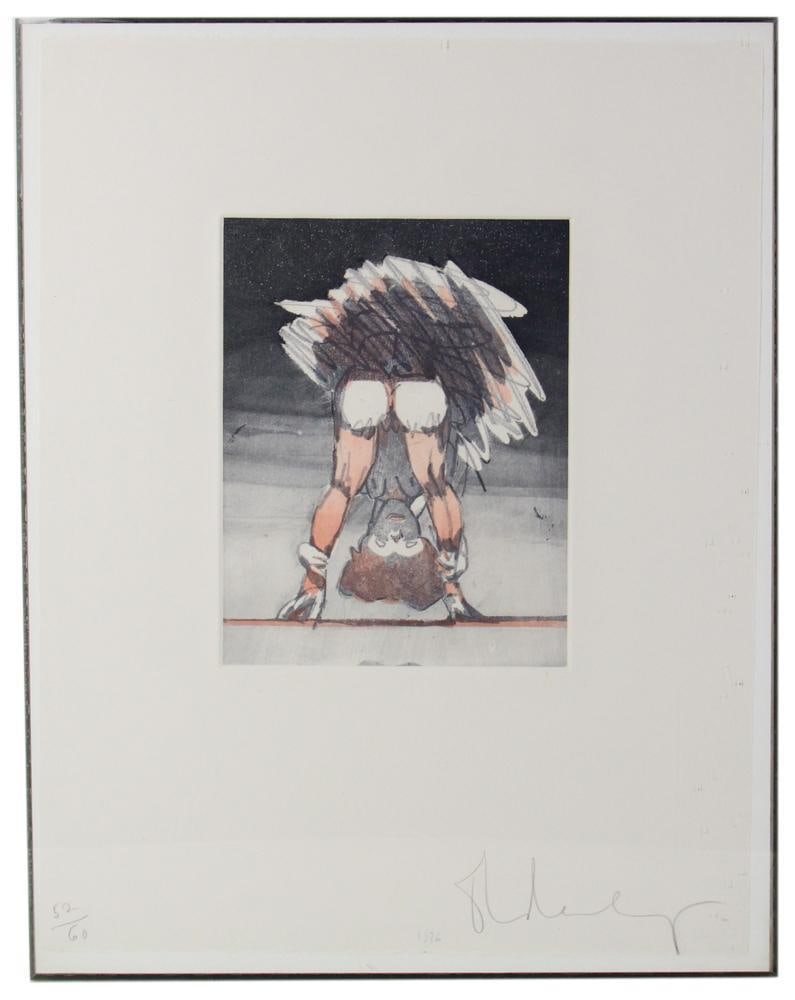 Claes Oldenburg, "Figure Looking Through Legs", Etching: Claes Oldenburg (1929-2022), "Figure Looking Through Legs", etching, 52/60, signed in pencil, Barridoff Gallery, Portland, Maine label verso, 12 1/2" x 9 1/2", overall 27" x 21". Provenance: Rocky Nec