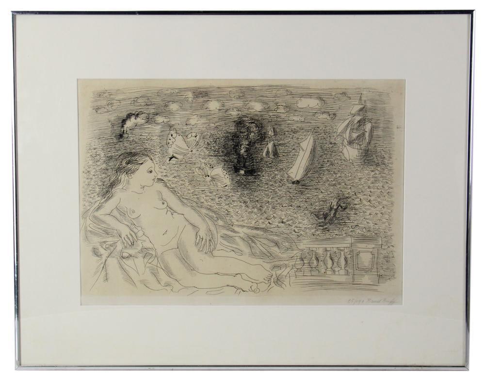 Raoul Dufy, "La Baigneuse aux Papillon", Print: Raoul Dufy, "La Baigneuse aux Papillon" (bather with butterflies), print, 25/190, 14" x 20", framed 22" x 28". Provenance: Rocky Neck, Gloucester, Massachusetts collection.