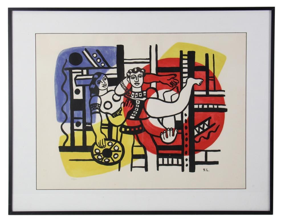 Fernand Leger, "Couple de Cirque", Color Print: Fernand Leger, "Couple de Cirque", color print, signed in plate, 107/300, with Musee Biot stamp, 19" x 25 1/2", framed 25" x 32". Provenance: Rocky Neck, Gloucester, Massachusetts collection.