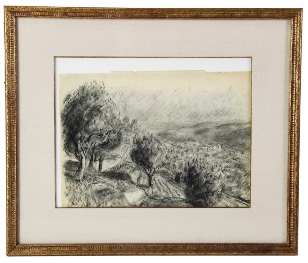 Trees on Hillside in Europe, Pencil Drawing: Trees on a hillside in Europe, pencil drawing, 10" x 13", framed 16" x 19". Provenance: Rocky Neck, Gloucester, Massachusetts collection.
