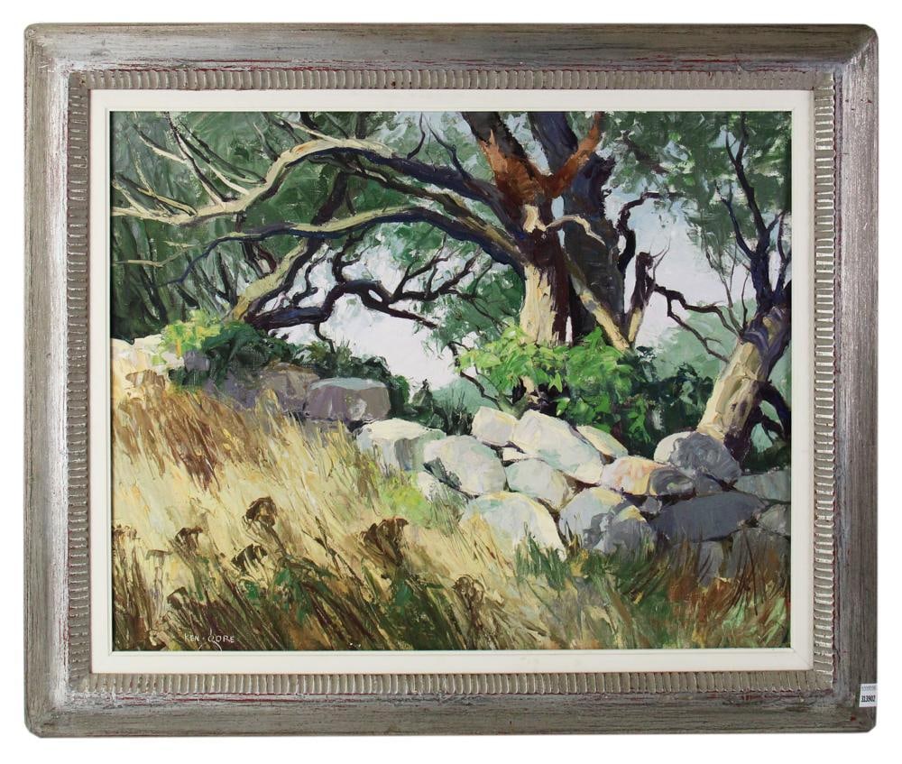 Ken Gore, Stone Fence with Old Trees, Oil on Board: Ken Gore (American, 1911-1990), stone fence with old trees, oil on board, 24" x 30", in original frame 30" x 37". Provenance: Rocky Neck, Gloucester, Massachusetts collection.