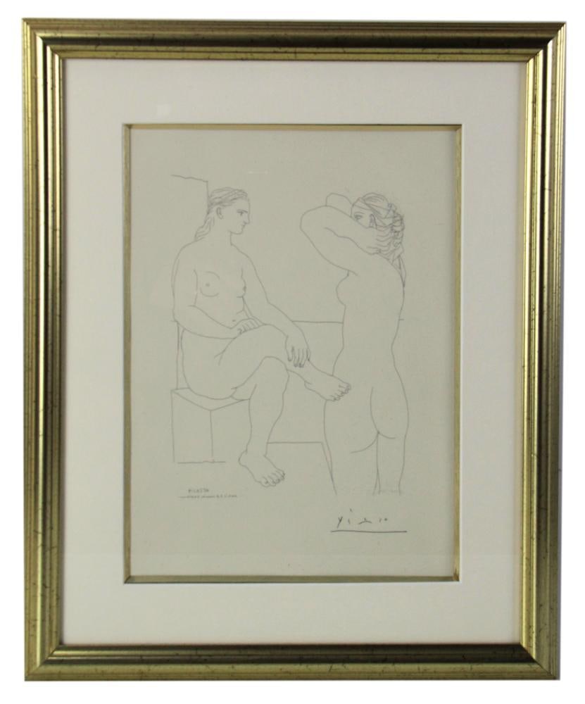 After Picasso, Two Women in the Bath, Print: After Picasso, "Deux Femmes aux Baigne", print, from Vollard series, signed in the print, 14" x 10", framed 21" x 17". Provenance: Rocky Neck, Gloucester, Massachusetts collection.
