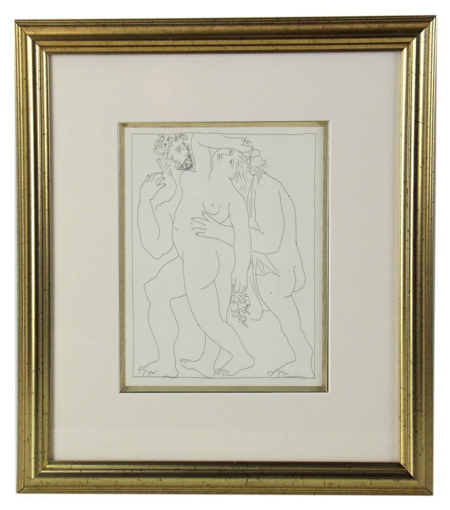 After Picasso, Vertumnus Pursuing Pomona, Print: After Picasso, "Vertumne Poursuit Pomone de Son Amour", print, 9" x 7", framed 17" x 15". Provenance: Rocky Neck, Gloucester, Massachusetts collection.