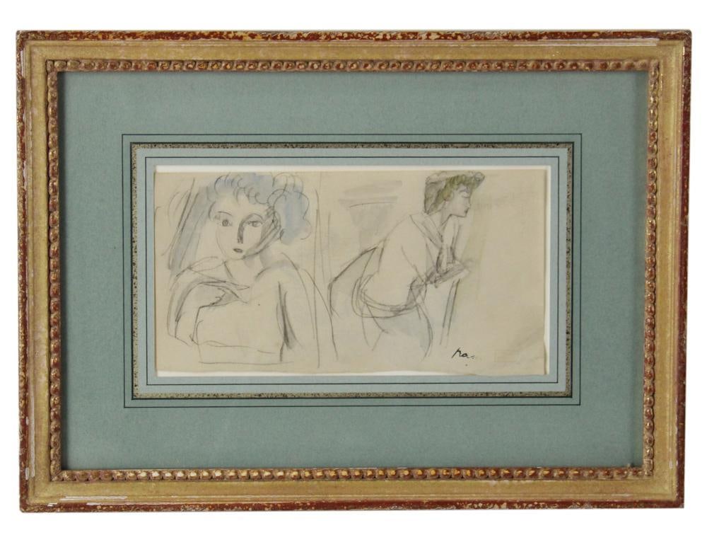 Jules Pascin, Young Woman's Profile, Drawing: Jules Pascin, drawing of young woman's profile, her hair highlighted in blue watercolor, 4 1/2" x 8 1/2", framed 10" x 14". Provenance: Rocky Neck, Gloucester, Massachusetts collection.