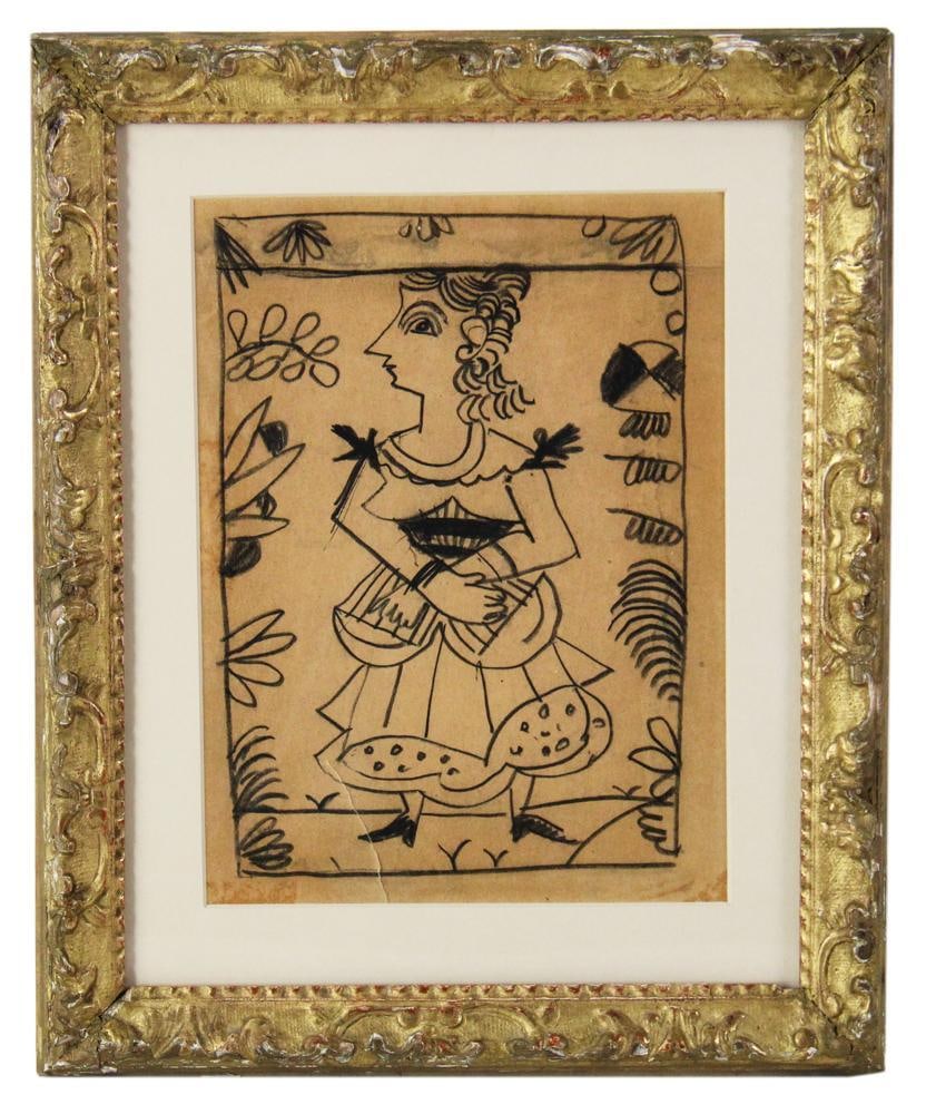 In the Manning of Picasso, Young Woman, Ink Drawing: In the manner of Pablo Picasso, young woman, ink drawing, 9" x 6 1/2", framed 13" x 11". Provenance: Rocky Neck, Gloucester, Massachusetts collection.