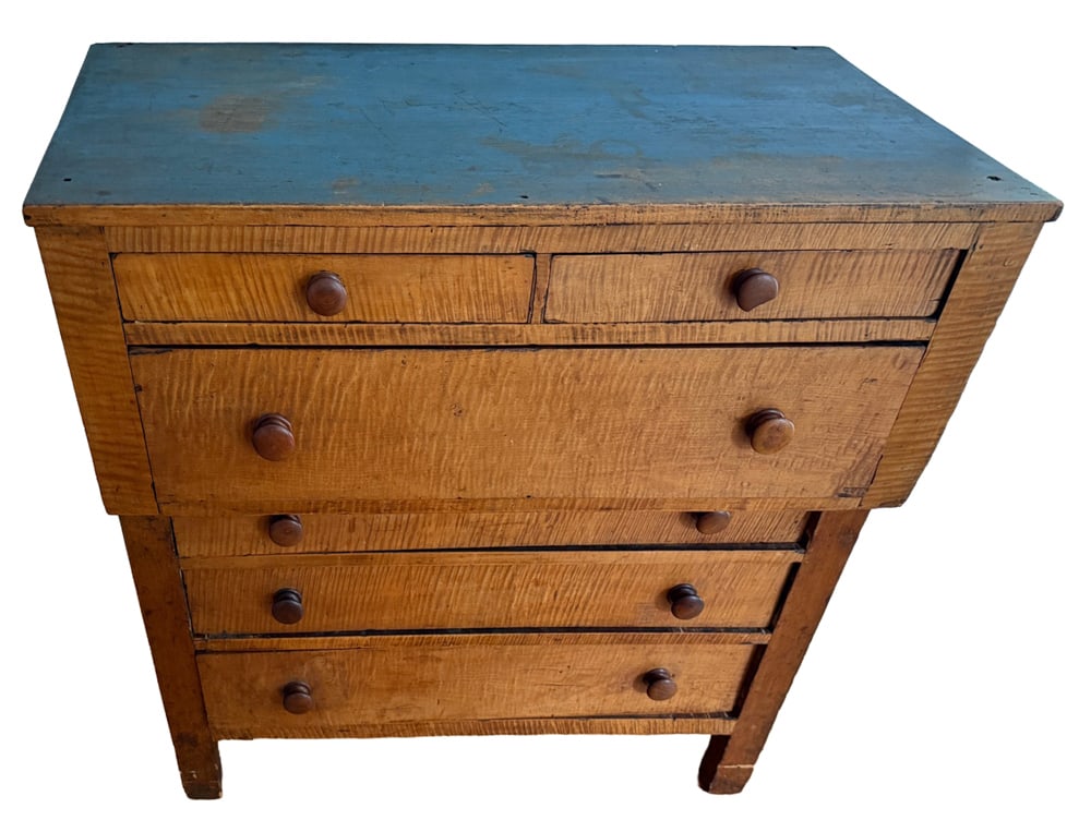 Early 19thC Tiger Maple and Blue Tall Chest: Early 19th century tiger maple and blue tall chest, possibly Maine or New Hampshire, 43" x 42" x 17". Provenance: Ocala, Florida collection.
