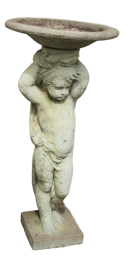 Two-part Bird Bath: Two-part bird bath, patina cement, 47" x 22". Provenance: Ocala, Florida collection.
