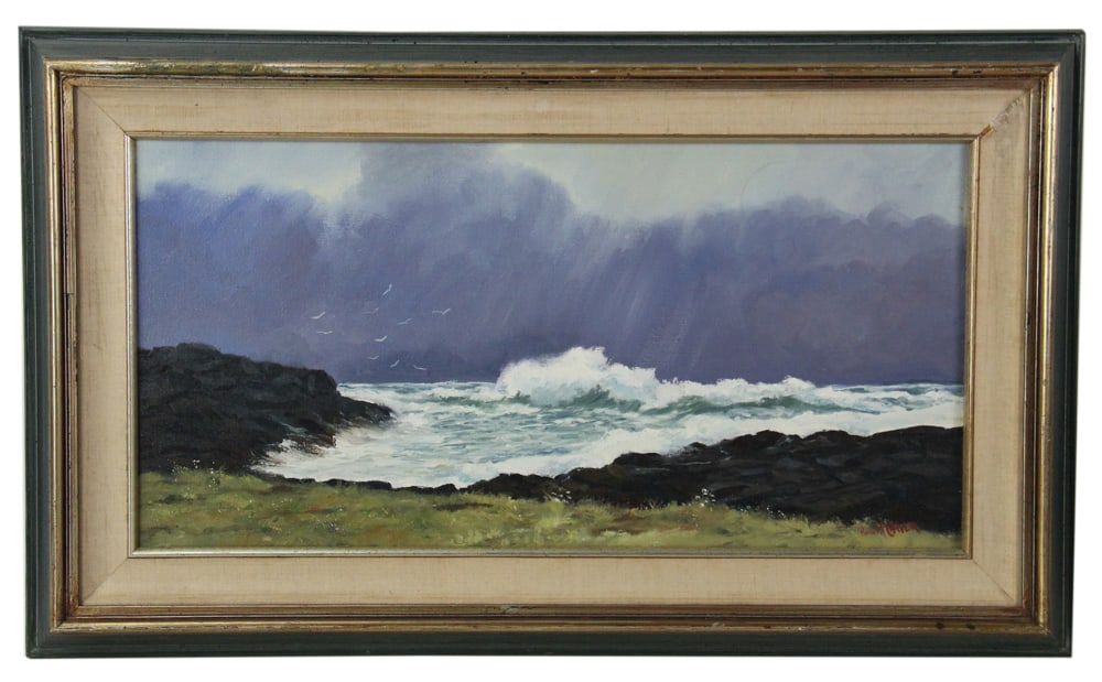 Robert Oliver, "Storm Clouds", Oil on Canvas: Robert Oliver (American, 1927-2018), "Storm Clouds", oil on canvas, signed L/R, 12" x 24", framed 18" x 30". Provenance: Peabody, Massachusetts collection.