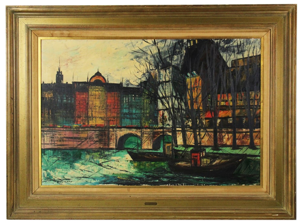 1960 City Motif in Paris by Jacques, Oil on Canvas: 1960 city motif in Paris by Jacques, oil on canvas, 24" x 36", in original frame 34" x 46". Provenance: Revere, Massachusetts collection.