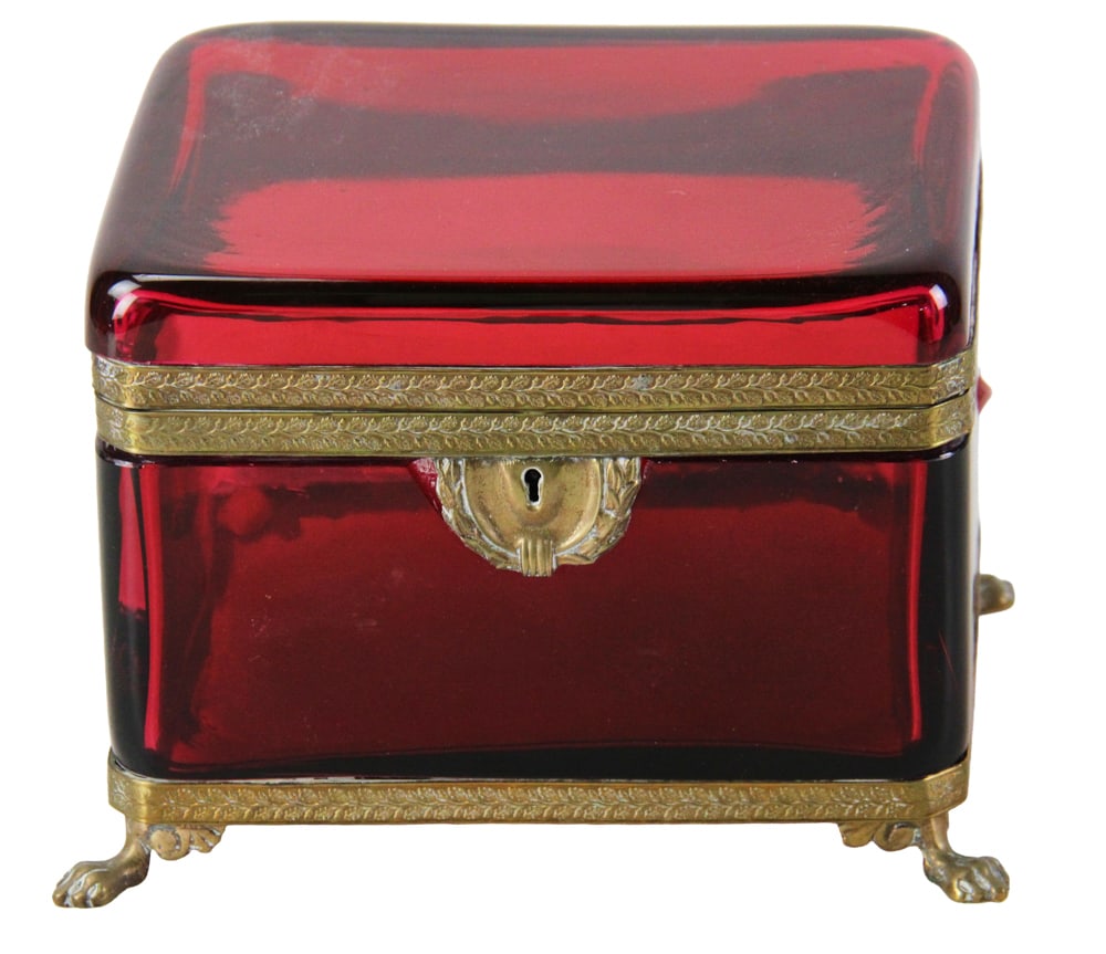 French Empire Ruby Glass Jewelry Box: French Empire ruby glass jewelry box, 5 1/2" x 7 1/2" x 5". Provenance: Rocky Neck, Gloucester, Massachusetts collection.