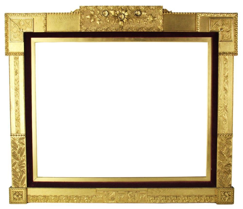 Aesthetic Movement Fine Gilt Oak Picture/Mirror Frame: Fine gilt oak Aesthetic Movement picture/mirror frame, probably New York. Larges exterior dimensions 38" x 45"; opening 27" x 34". Provenance: Ithaca, New York collection.