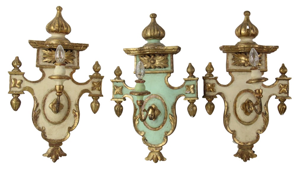 20thC Florentine Giltwood and Painted Wall Sconces: 20th century Florentine giltwood and painted wall sconces, group of (3), 8" x 22" x 13". Provenance: Revere, Massachusetts collection.