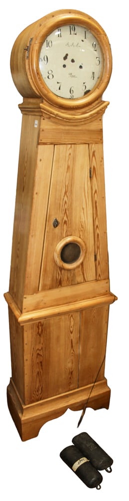 Antique Scandinavian Pine Clock: Antique Scandinavian pine clock, 77" H x 20" W x 10" D. Provenance: Winchester, Massachusetts collection.