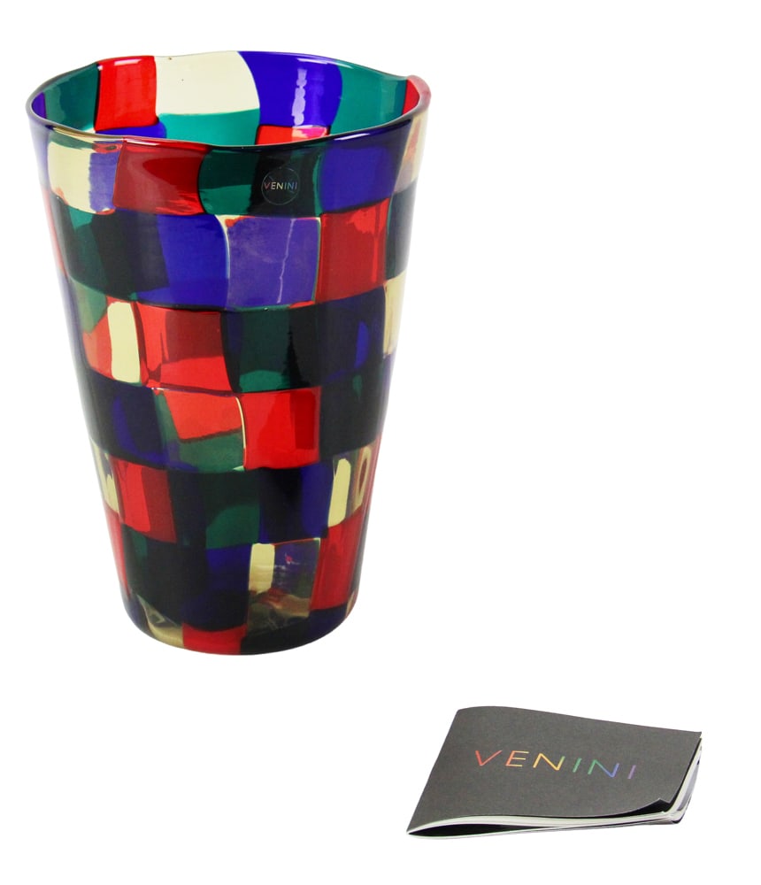 Venini Pezzato Parigi Mosaic Patchwork Vase, Bianconi: Venini "Pezzato" (model "Parigi") vase featuring a colorful mosaic patchwork design of fused rectangular glass tesserae, label on top, signed on bottom, likely designed by Fulvio Bianconi, 9" H x 6