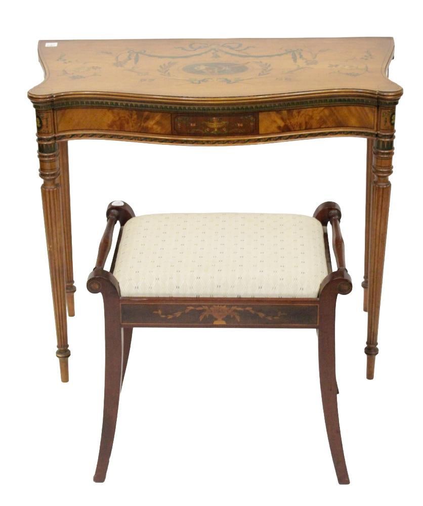 Antique Serpentine-front Table, and Stool: Antique serpentine-front table with fine floral marquetry and hand-painted medallion, Louis XV style, 25" x 30" x 15", and stool, 18" x 10" x 14". Provenance: Gloucester, Massachusetts collection.