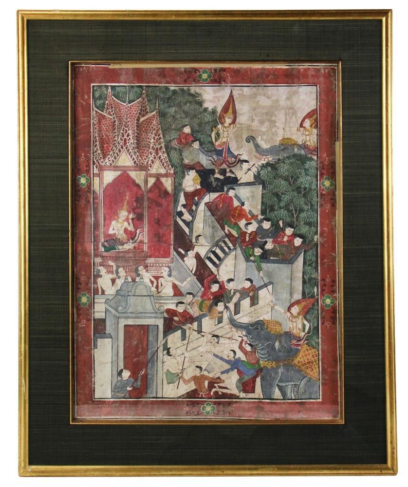 Antique Bodhisattva as Counselor Judge Maha-Ummagga: Antique Bodhisattva as a court counselor and judge named Maha-Ummagga, Virtue of Wisdom from Jatakas, The Story of Buddha's Former Births, 24" x 18", framed 32" x 25". Provenance: Palm Beach, Florida 