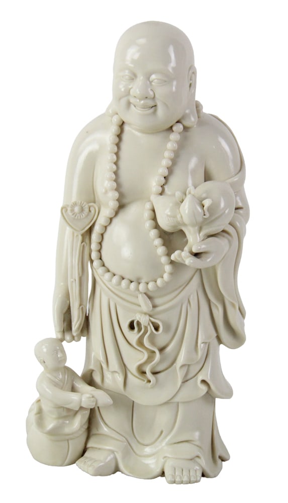 Chinese Blanc-de-Chine Buddha Attributed to He Chaozong: Chinese Dehua blanc-de-Chine standing Buddha attributed to He Chaozong, 10 1/2" x 5". Provenance: Andover, Massachusetts collection.