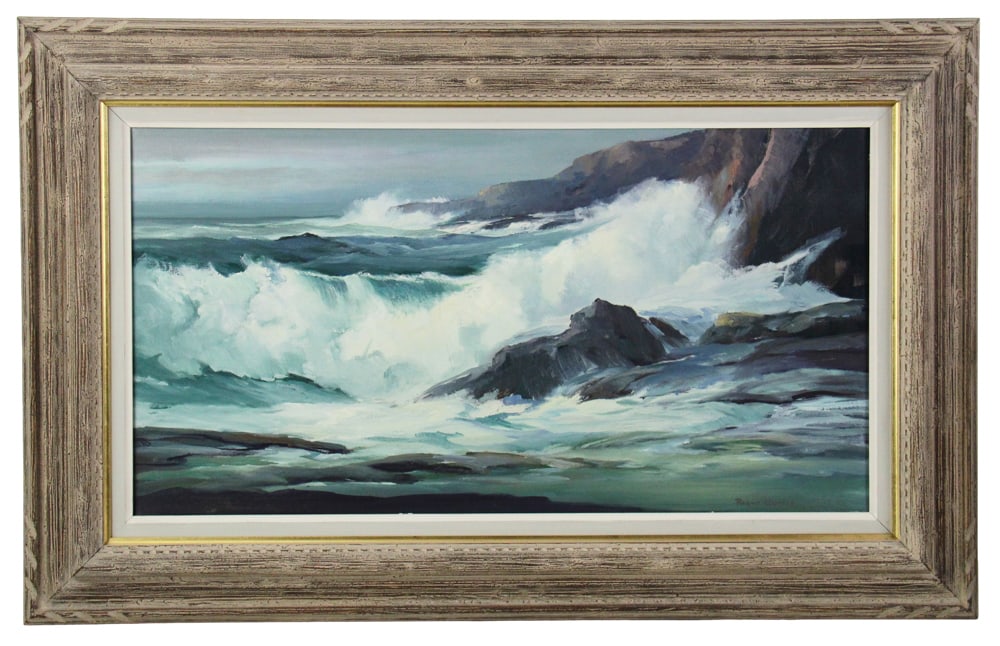 Roger Curtis, Crashing Waves Along Cliff Shore, Oil on Canvas (1 of 8)